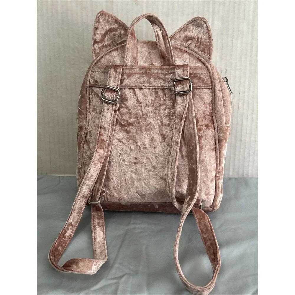 JUSTICE MINI BACKPACK KITTY CAT SHIMMERING GLITTER EARS ROSE VELOUR SUPER CUTE